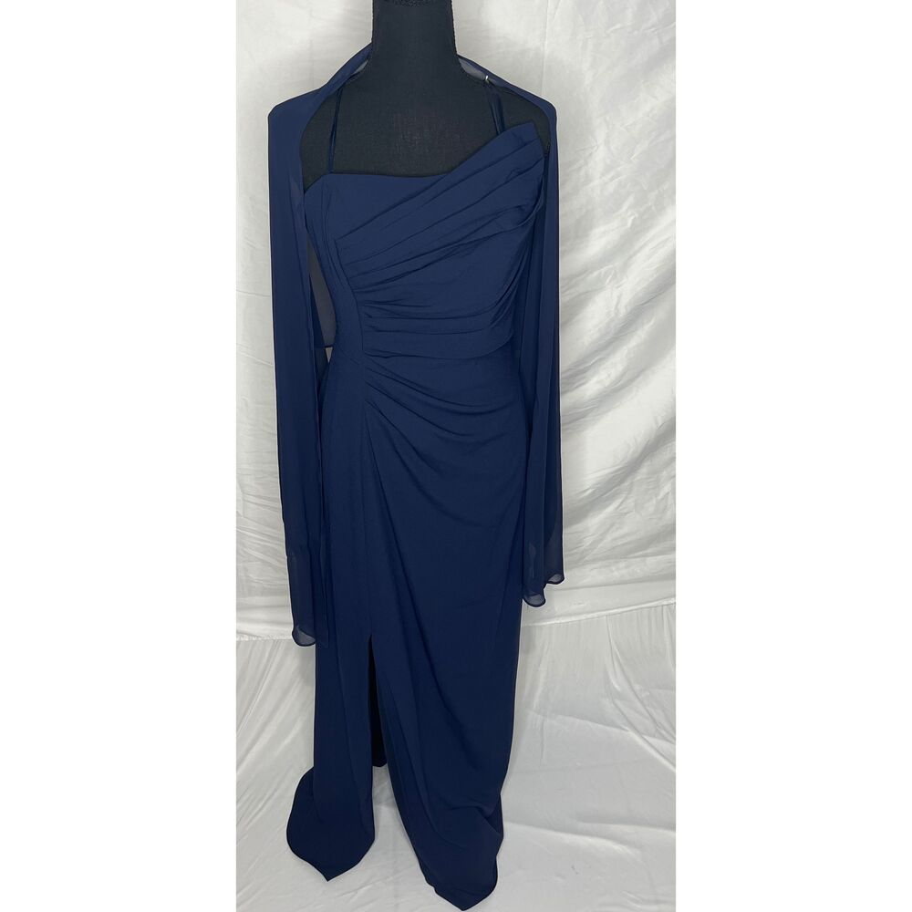 Elegant Navy Blue Draped Evening Gown with Shawl.     B38